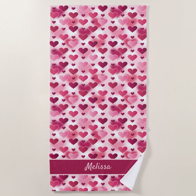 Pink Hearts Pattern With Custom Name Beach Towel (Front)