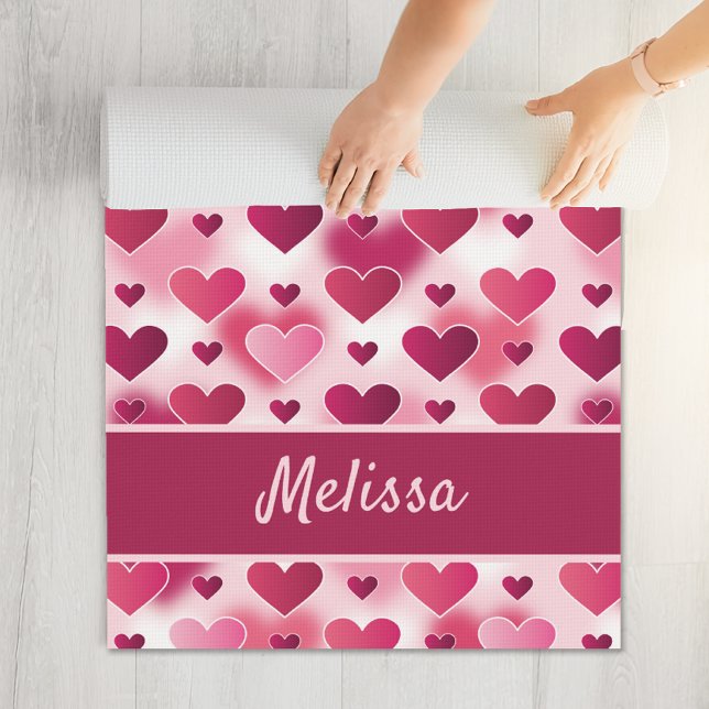Pink Hearts Pattern With Custom Name Yoga Mat (Disclaimer: This image is a digital mockup.)