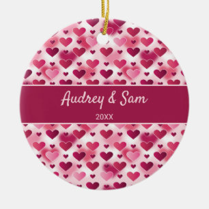 Pink Hearts Pattern With Custom Text Ceramic Ornament