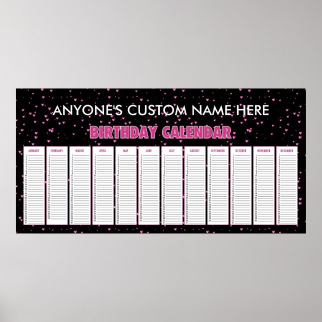 Pink Hearts Perpetual Birthday Calendar Poster (Front)