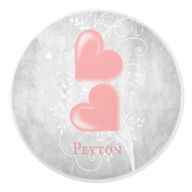 Pink Hearts Personalised Ceramic Knob (Front)