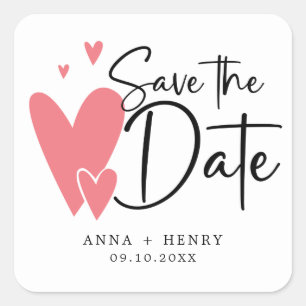 Pink Hearts Personalised Wedding Save The Date  Square Sticker
