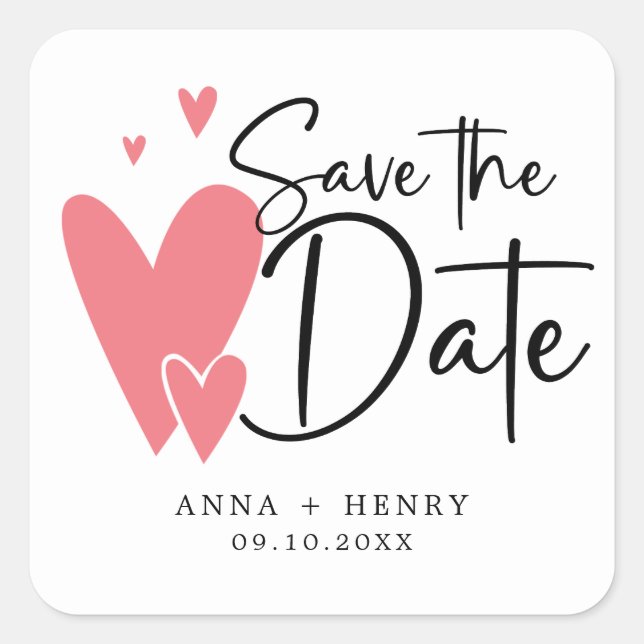Pink Hearts Personalised Wedding Save The Date  Square Sticker (Front)