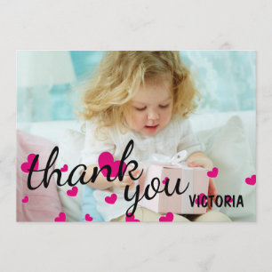 Pink Hearts Photo - Thank You Flat Card