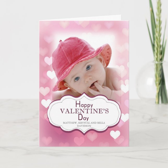 Pink Hearts Photo Valentines Card (Front)