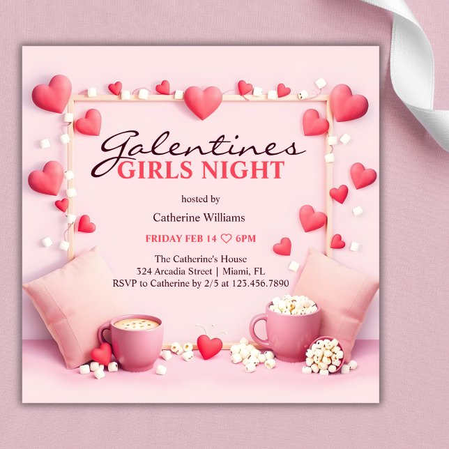 Pink Hearts Popcorn Galentine's Girls Night Party Invitation (Pink Hearts Popcorn Galentine's Girls Night Party Invitation)