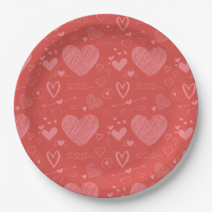 pink hearts - red backgroud pattern paper plate