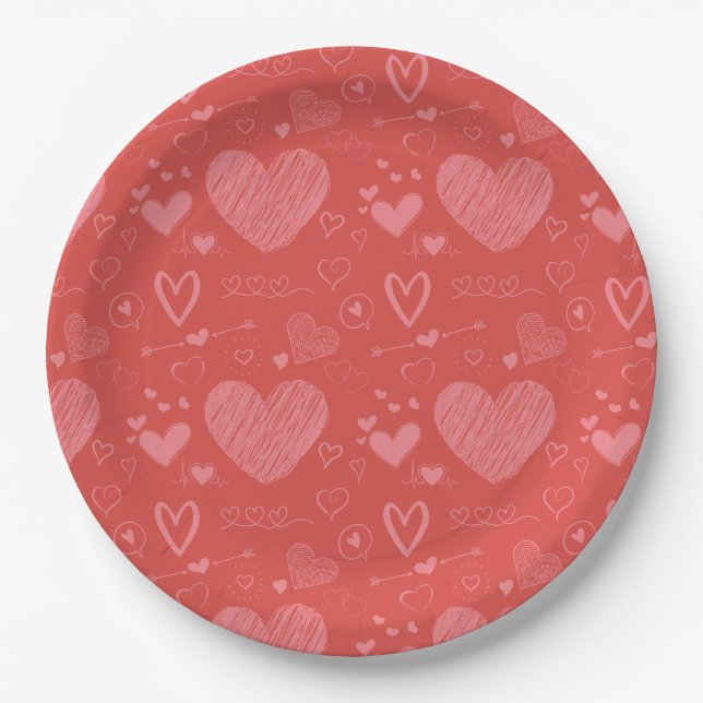 pink hearts - red backgroud pattern paper plate (Front)