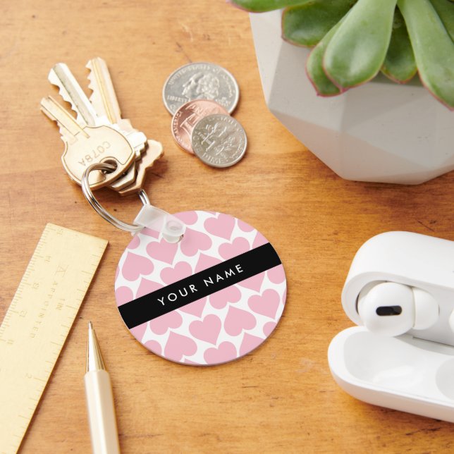 Pink Hearts, Romantic, Your Name, Personalise Key Ring (Desk)