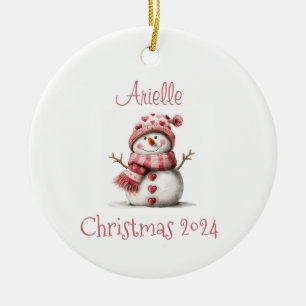 Pink Hearts Snowman Personalized Ornament