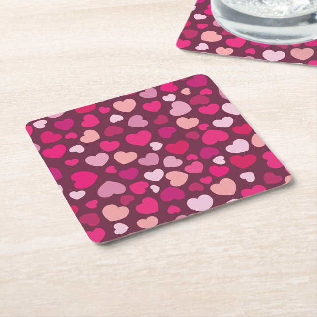 Pink Hearts Square Paper Coaster (Angled)