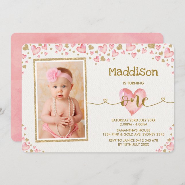 Pink Hearts Sweetheart First 1st Birthday Invite (Front/Back)