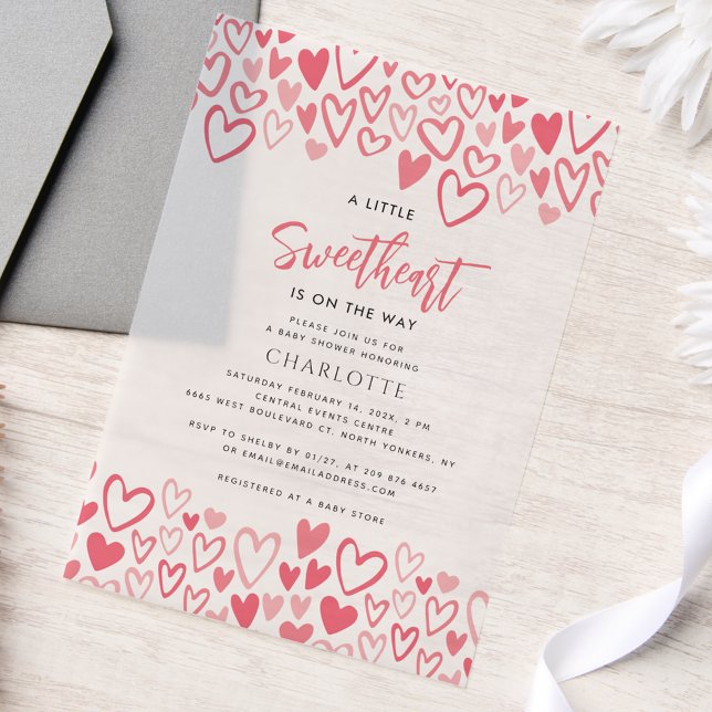 Pink Hearts Sweetheart On Way Girl Baby Shower Vellum Invitations (Little Sweetheart Pink Hearts Baby Shower Vellum Invitation)