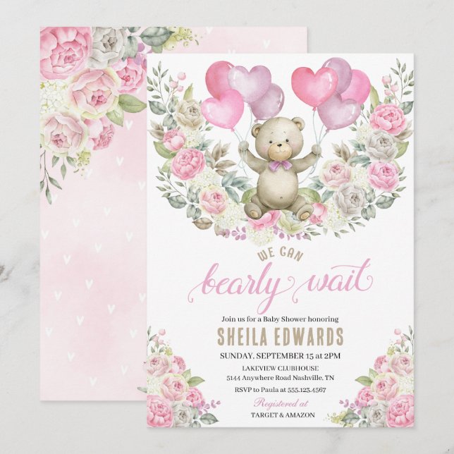Pink Hearts Teddy Bear Balloons Baby Shower Invitation (Front/Back)