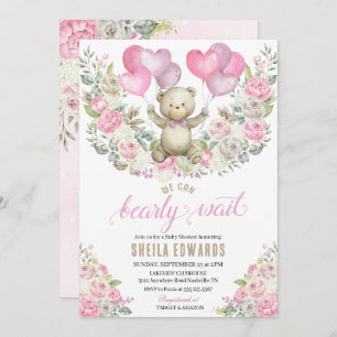 Pink Hearts Teddy Bear Balloons Baby Shower Invitation