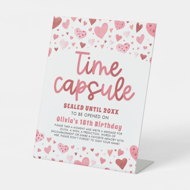 Pink Hearts Valentine 1st Birthday Time Capsule Pedestal Sign (Front)
