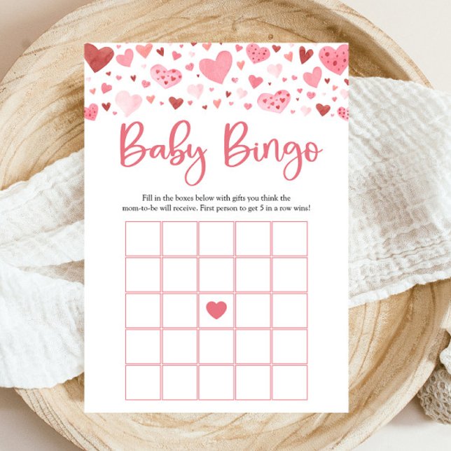 Pink Hearts Valentine Baby Bingo Baby Shower Game Invitation (Watercolor Cute Pink Red Hearts Valentine A Little Sweetheart Girl Baby Bingo Baby Shower Game)