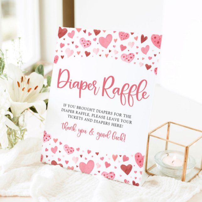 Pink Hearts Valentine Baby Shower Diaper Raffle Pedestal Sign (Creator Uploaded)