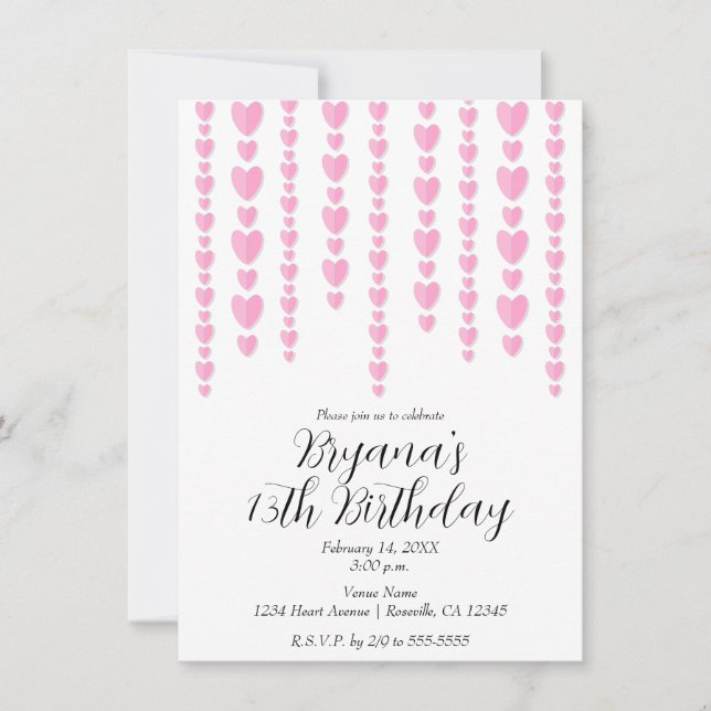 Pink Hearts Valentine Birthday Party Invitation (Front)