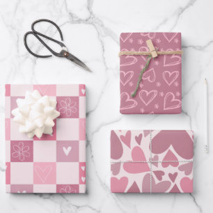Pink Hearts Valentine's Day Love Retro Chequered  Wrapping Paper Sheet