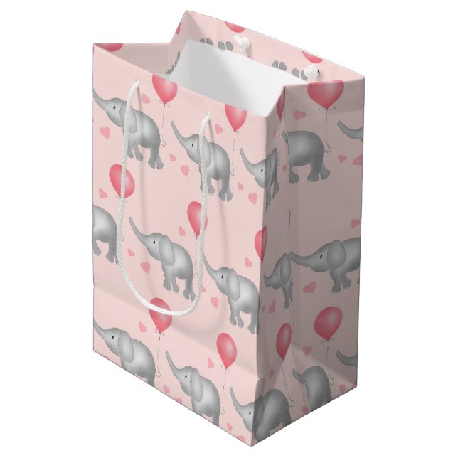 Pink Hearts & Watercolor Elephant Children's Medium Gift Bag (Front Angled)