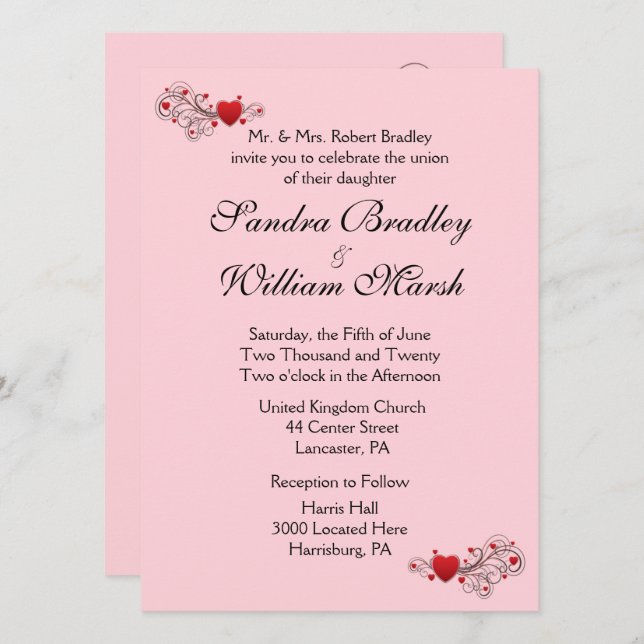 Pink Hearts Wedding Invitation (Front/Back)