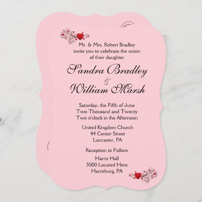 Pink Hearts Wedding Invitation (Front/Back)
