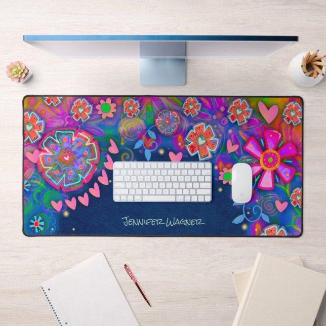 Pink Hearts Whimsical Floral Personalised Blue Desk Mat (Creator Uploaded)