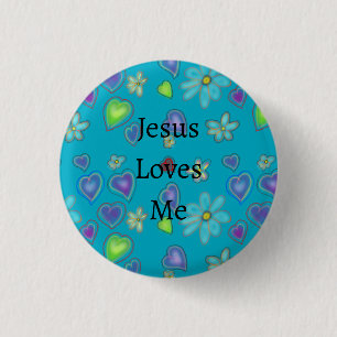 Pink Hearts White Flowers Jesus Loves Me Button