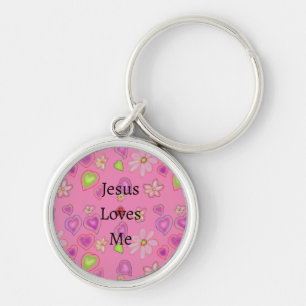 Pink Hearts White Flowers Jesus Loves Me Key Ring