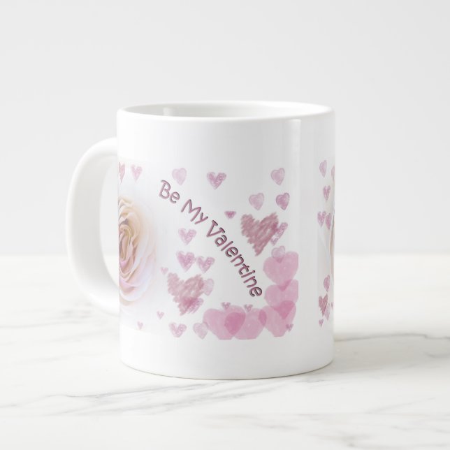 Pink Hearts White Rose Large Coffee Mug (Front Left)