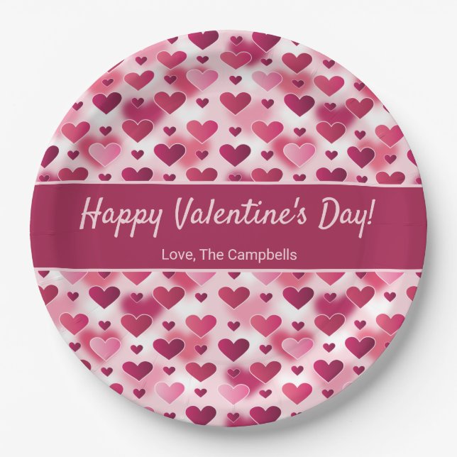 Pink Hearts With Custom Text Valentine's Day Paper Plate (Front)