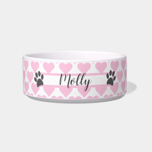 Pink Hearts with Grey Paw Prints Personalized Pet Bowl