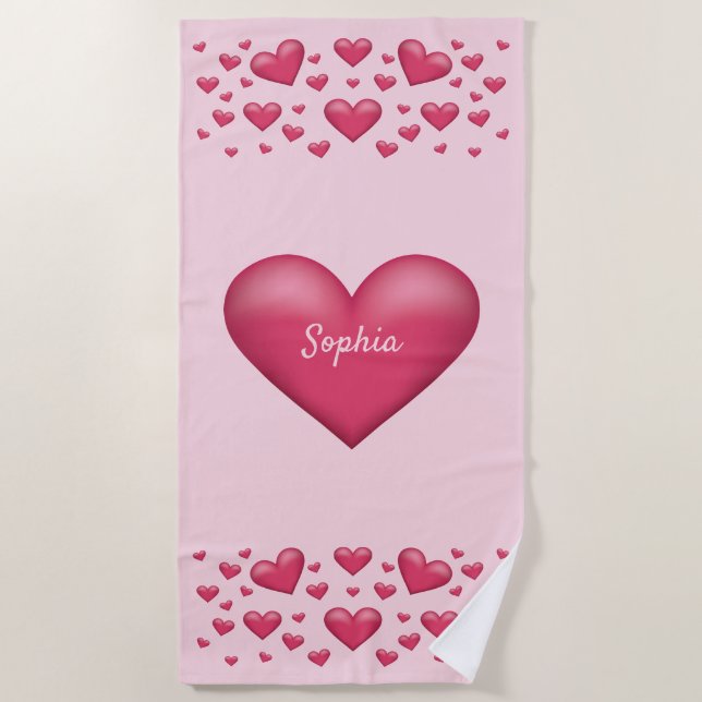 Pink Hearts With Personalizable Text Beach Towel (Front)