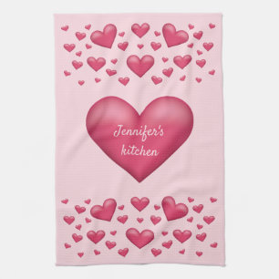Pink Hearts With Personalizable Text Tea Towel
