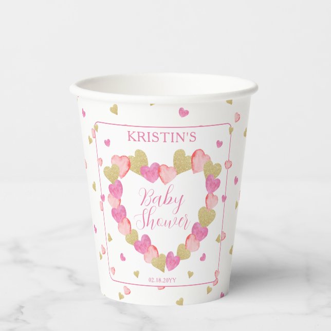 Pink Hearts Wreath A Little Sweetheart Baby Shower Paper Cups (Front)
