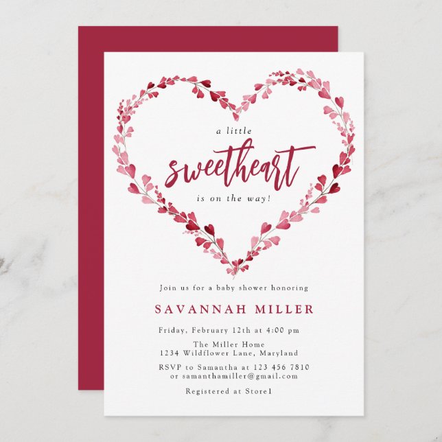 Pink Hearts Wreath Little Sweetheart Baby Shower Invitation (Front/Back)