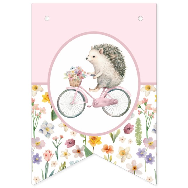 Pink Hedgehog Baby Shower Bunting Flag Cute Floral (Sixteenth Flag)