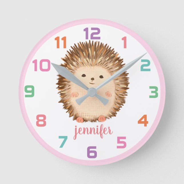 Pink Hedgehog Colourful Kids Wall Clock (Front)