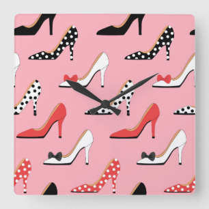 Pink Heels Red Polka Dots Square Wall Clock
