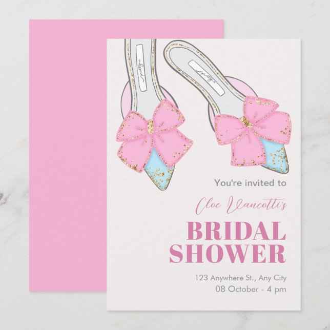 Pink heels with ribbon bridal shower invitation (Front/Back)