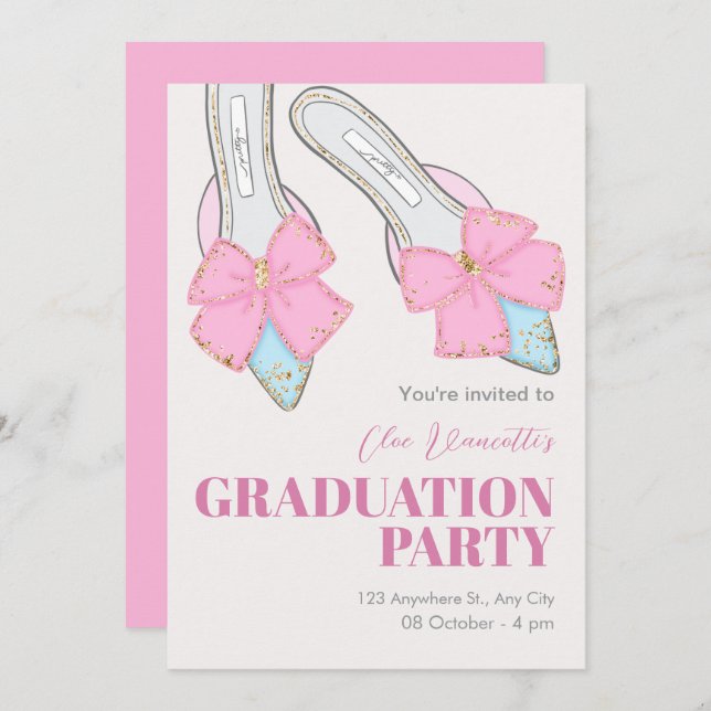 Pink heels with ribbon graduation invitation (Front/Back)
