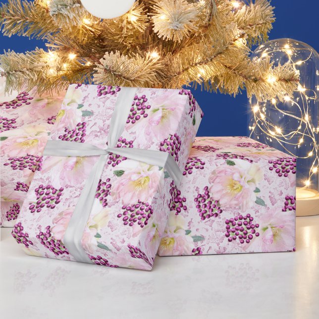 Pink Hellebore Flowers Berries & Ribbons on Pink Wrapping Paper (Holidays)