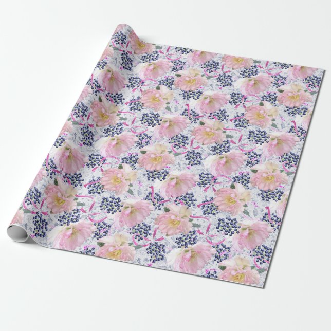 Pink Hellebore Flowers Berries & Ribbons on White Wrapping Paper (Unrolled)
