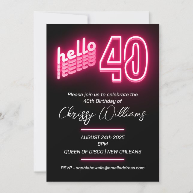 Pink hello 40 retro neon 40th Birthday Party Invitation (Front)