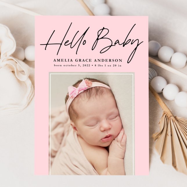Pink Hello Baby 2 Photo Birth Announcement (Creator Uploaded)