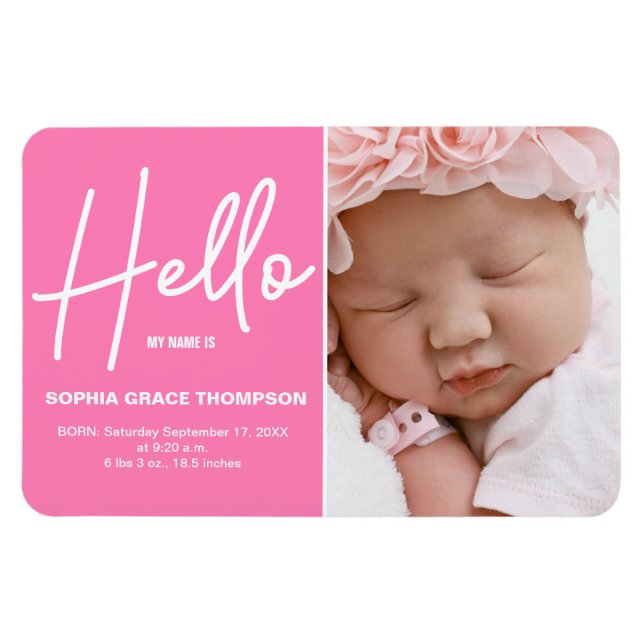 PINK Hello Baby Girl Photo Birth announcement Magnet (Horizontal)
