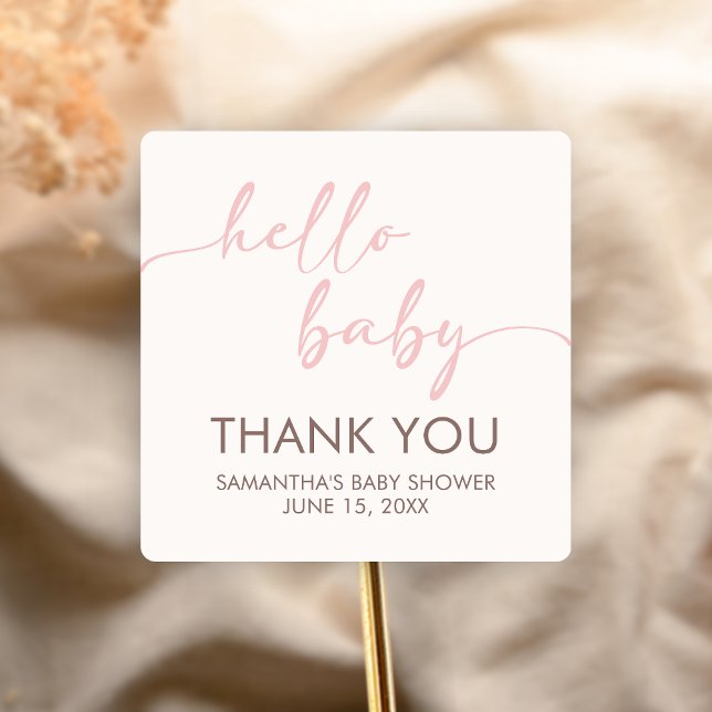 Pink Hello Baby Shower Square Sticker (Pink Hello Baby Minimalist Baby Shower Sticker)