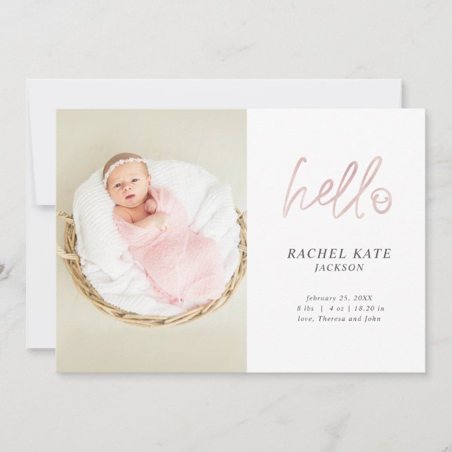 Pink Hello Script Photo Rose Gold Polka Dot Girly Announcement (Front)