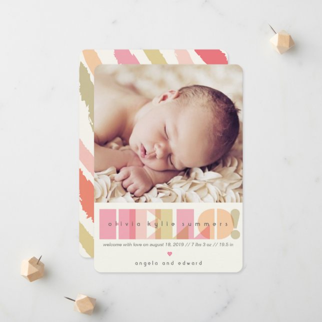 Pink HELLO Typography Baby Girl Birth Design Birth Announcement (Front/Back In Situ)